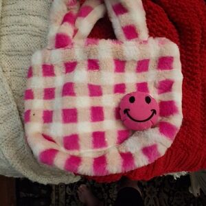 Plush Pink Check Kids Tote Bag with Smiley Pin